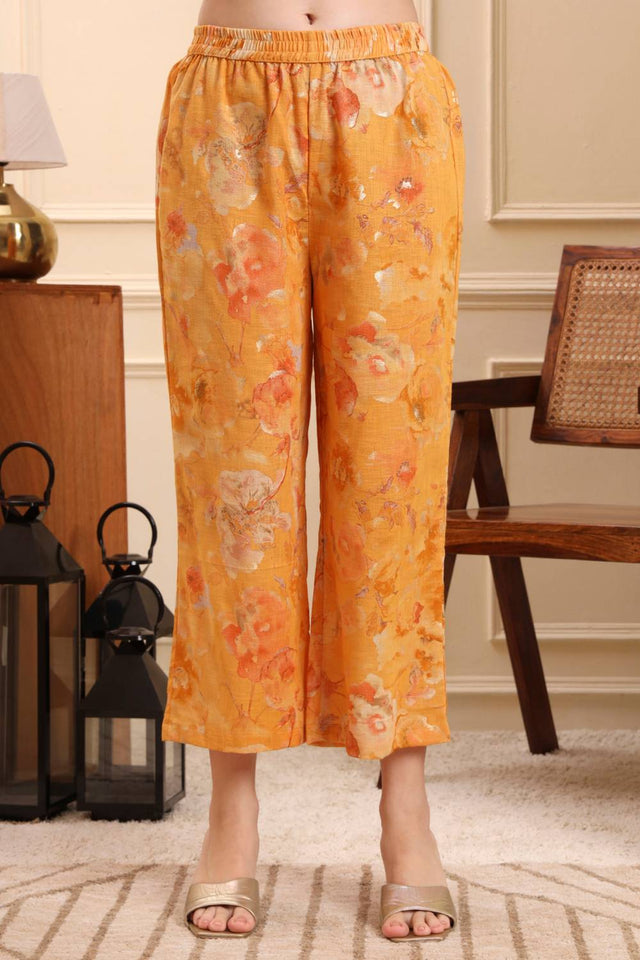 Mustard Floral Printed Linen Straight Cut Suit Set