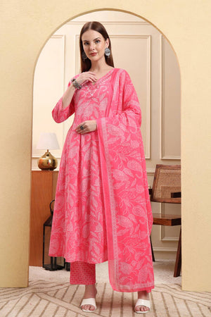 Pink Floral Printed Cotton Anarkali Suit Set