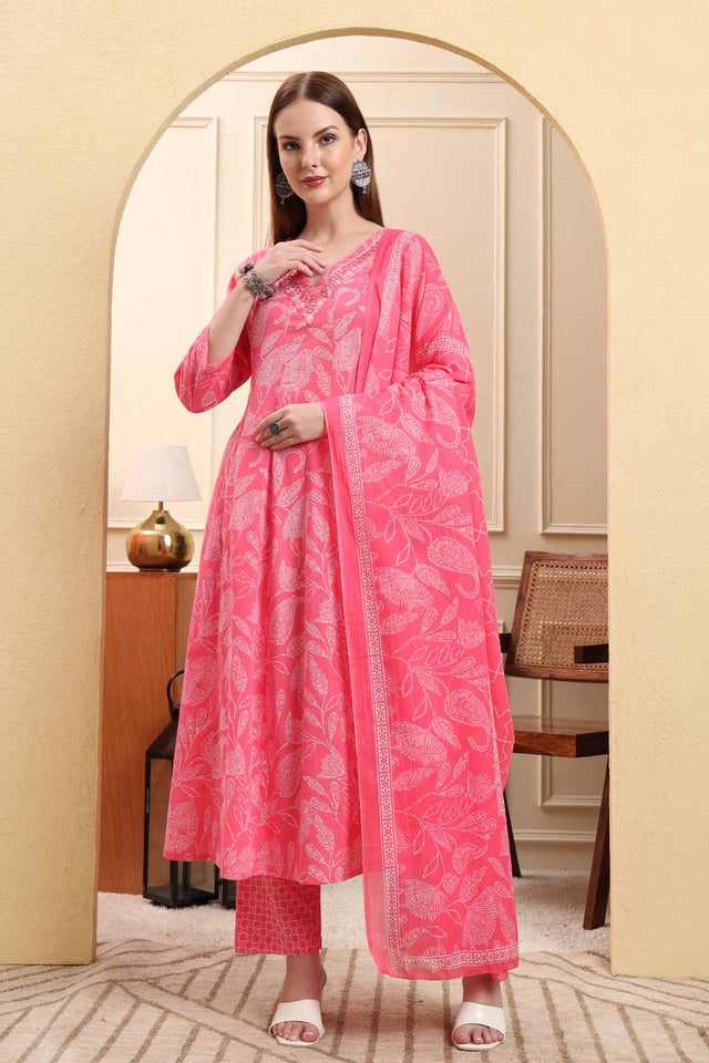 Pink Floral Printed Cotton Anarkali Suit Set