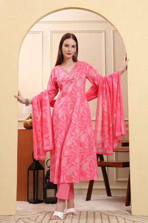 Pink Floral Printed Cotton Anarkali Suit Set
