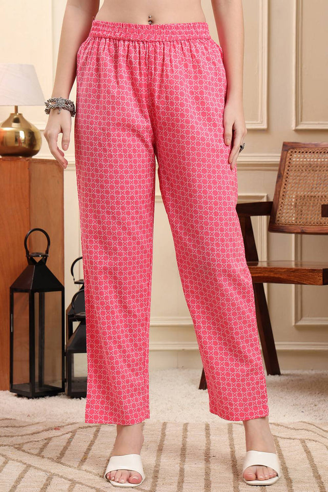 Pink Floral Printed Cotton Anarkali Suit Set