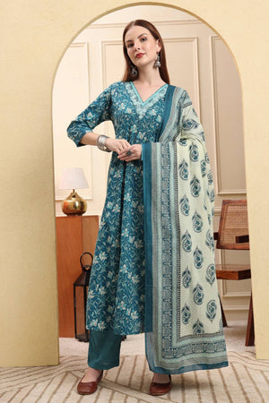 Blue Floral Printed Cotton Anarkali Suit Set
