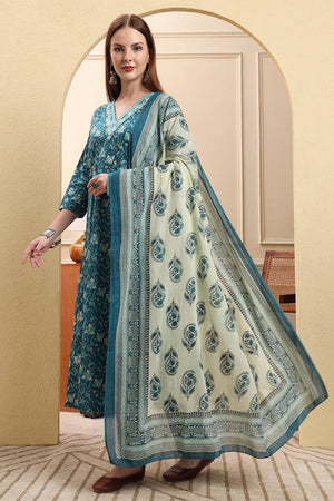 Blue Floral Printed Cotton Anarkali Suit Set