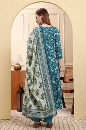 Blue Floral Printed Cotton Anarkali Suit Set