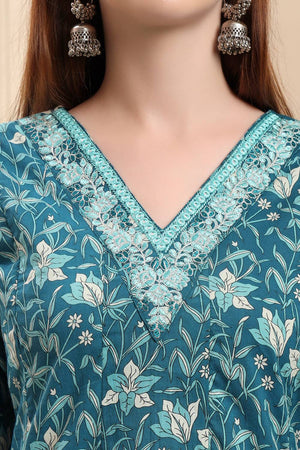 Blue Floral Printed Cotton Anarkali Suit Set