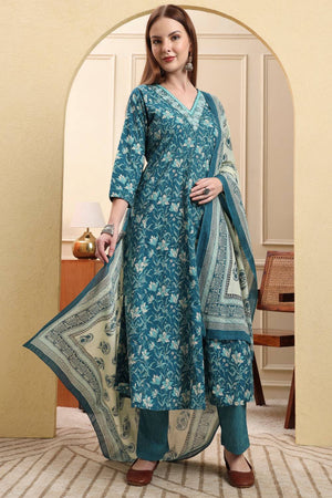 Blue Floral Printed Cotton Anarkali Suit Set