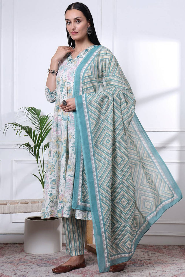 Sea Green Floral Printed Cotton Anarkali Suit Set
