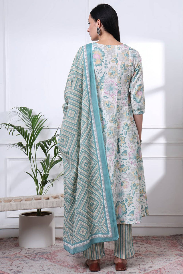 Sea Green Floral Printed Cotton Anarkali Suit Set