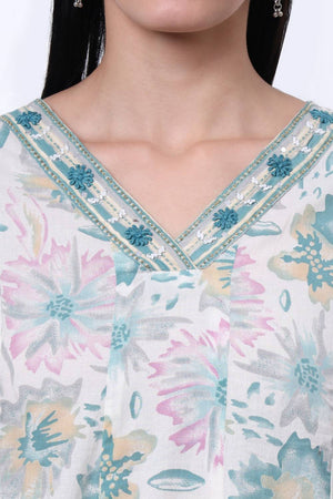 Sea Green Floral Printed Cotton Anarkali Suit Set