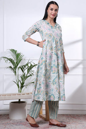 Sea Green Floral Printed Cotton Anarkali Suit Set