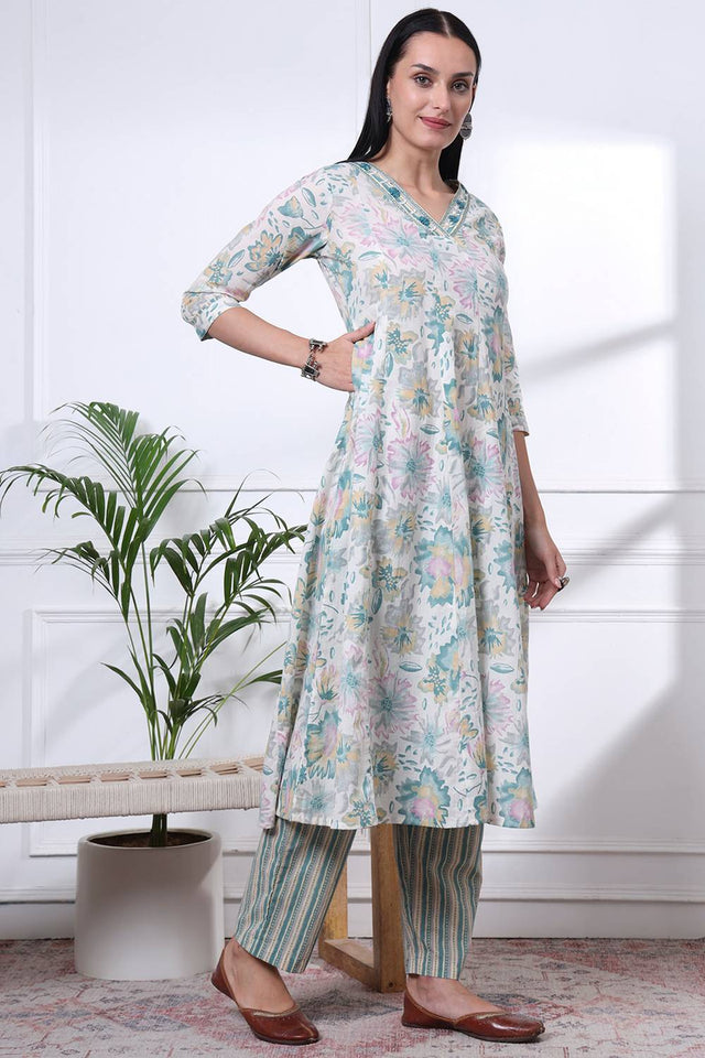 Sea Green Floral Printed Cotton Anarkali Suit Set
