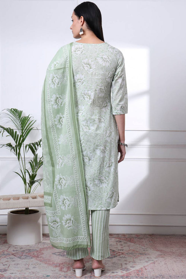 Sea Green Floral Printed Cotton Straight Cut Suit Set