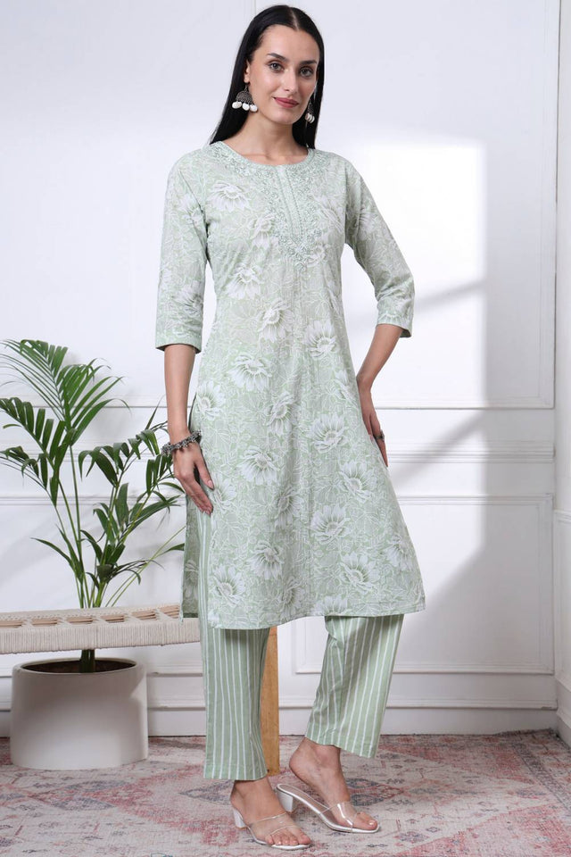 Sea Green Floral Printed Cotton Straight Cut Suit Set