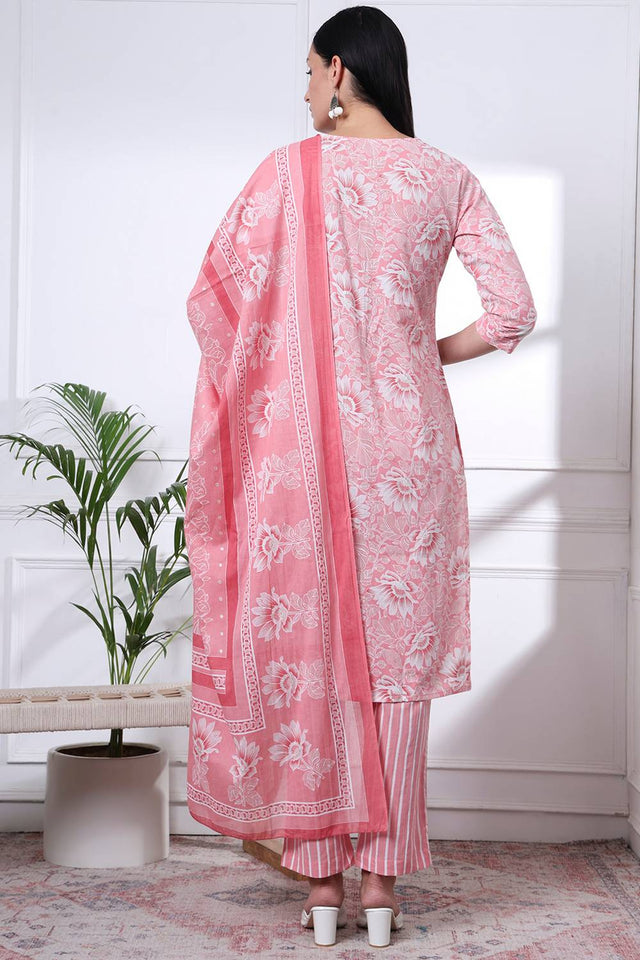 Pink Floral Printed Cotton Straight Cut Suit Set