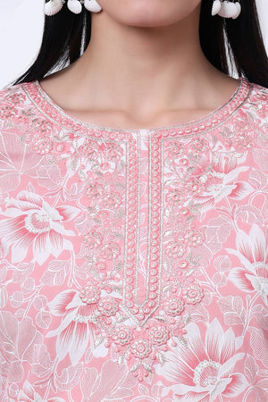 Pink Floral Printed Cotton Straight Cut Suit Set