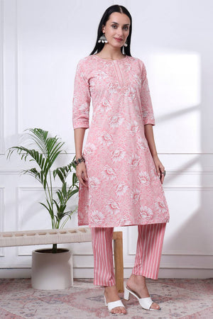 Pink Floral Printed Cotton Straight Cut Suit Set