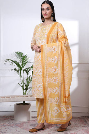 Yellow Floral Printed Cotton Straight Cut Suit Set