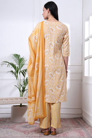 Yellow Floral Printed Cotton Straight Cut Suit Set
