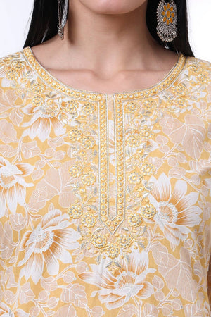 Yellow Floral Printed Cotton Straight Cut Suit Set