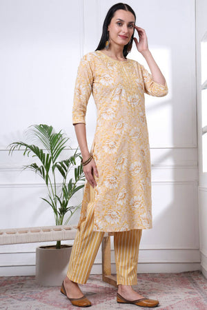 Yellow Floral Printed Cotton Straight Cut Suit Set