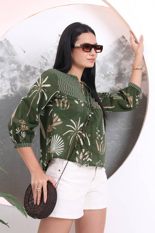 Green Floral Printed Cotton Tops & Tunics