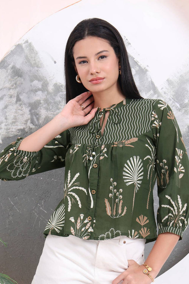 Green Floral Printed Cotton Tops & Tunics