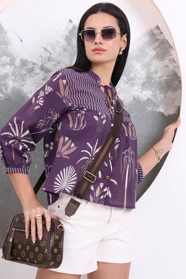 Violet Floral Printed Cotton Tops & Tunics