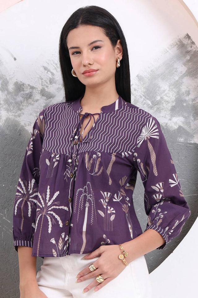 Violet Floral Printed Cotton Tops & Tunics