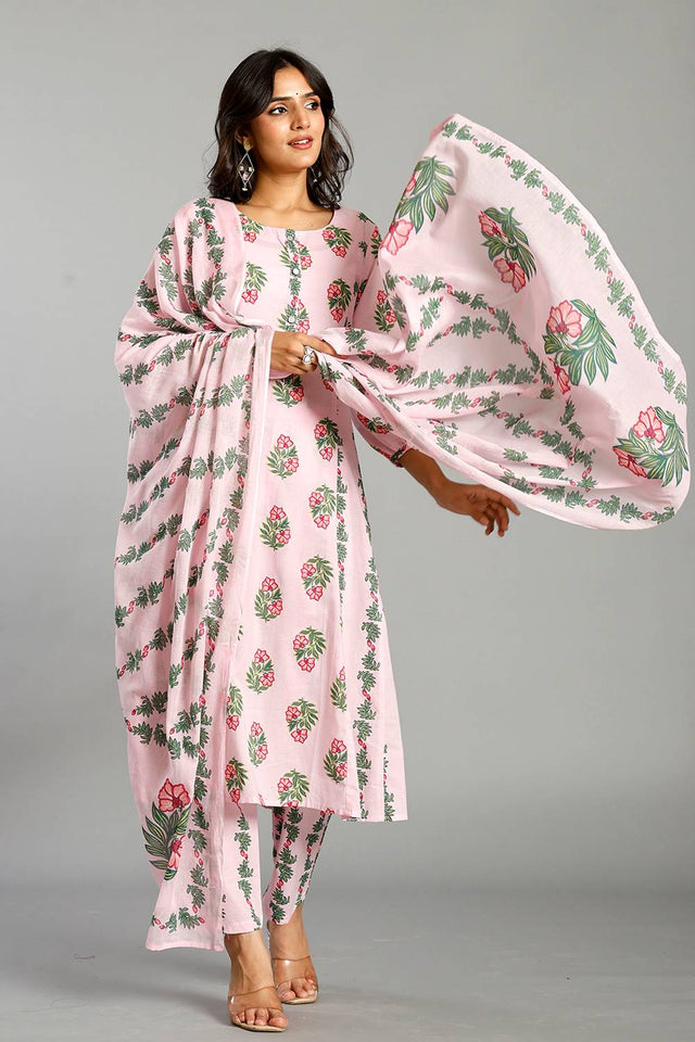 Pink Floral Printed Cotton Straight Cut Suit Set