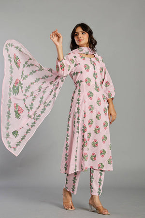 Pink Floral Printed Cotton Straight Cut Suit Set