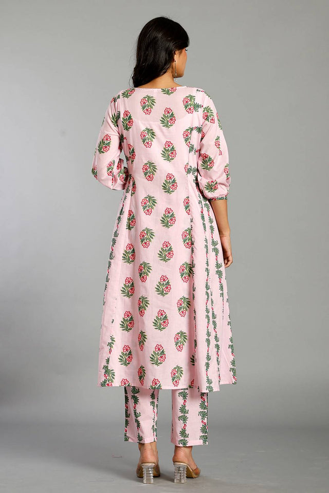 Pink Floral Printed Cotton Straight Cut Suit Set