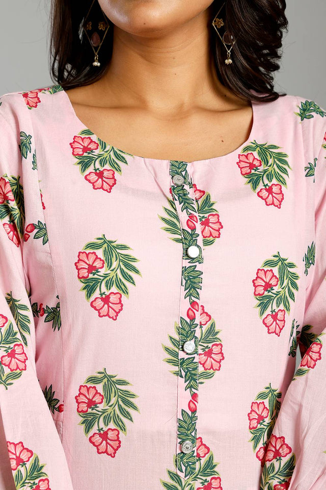 Pink Floral Printed Cotton Straight Cut Suit Set