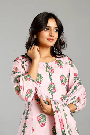 Pink Floral Printed Cotton Straight Cut Suit Set
