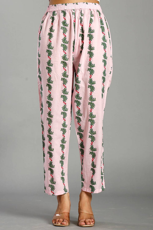 Pink Floral Printed Cotton Straight Cut Suit Set