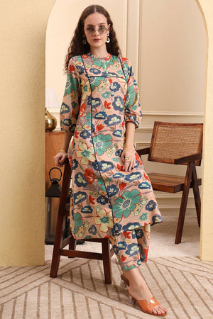 Peach Floral Printed Linen Straight Cut Suit Set