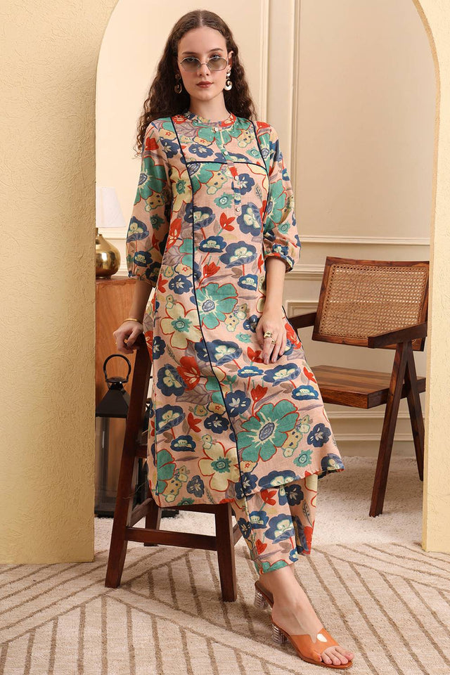 Peach Floral Printed Linen Straight Cut Suit Set