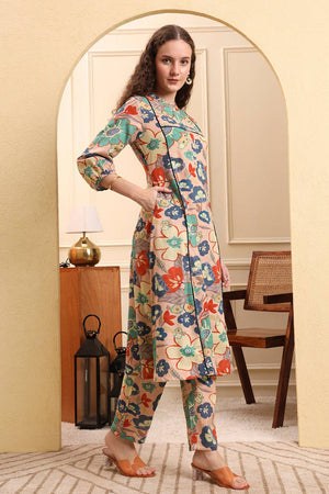 Peach Floral Printed Linen Straight Cut Suit Set