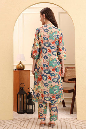 Peach Floral Printed Linen Straight Cut Suit Set
