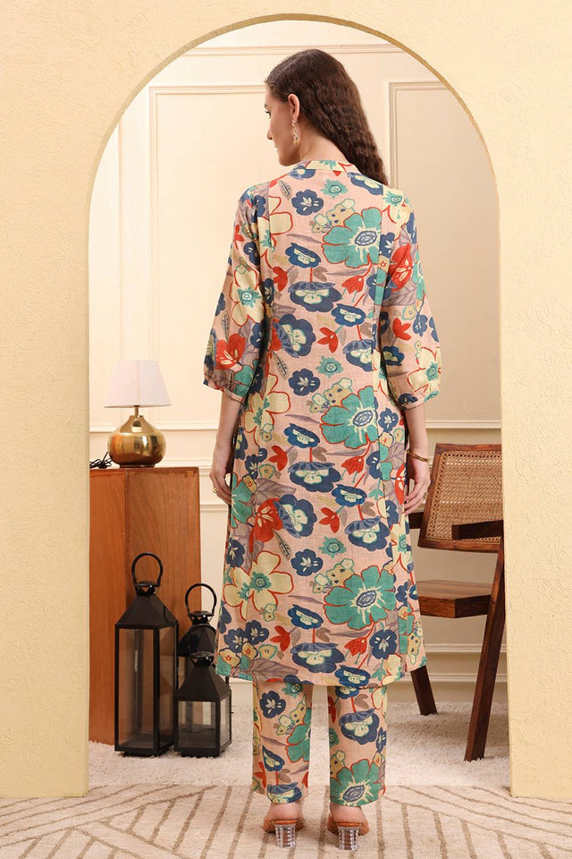Peach Floral Printed Linen Straight Cut Suit Set