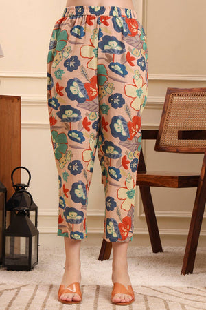Peach Floral Printed Linen Straight Cut Suit Set