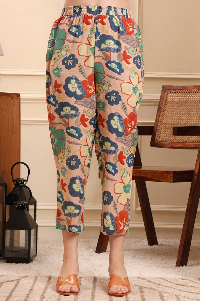 Peach Floral Printed Linen Straight Cut Suit Set