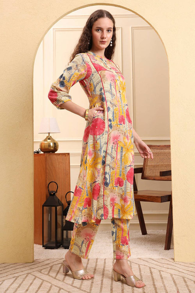 Yellow Floral Printed Linen Straight Cut Suit Set