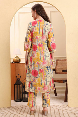 Yellow Floral Printed Linen Straight Cut Suit Set