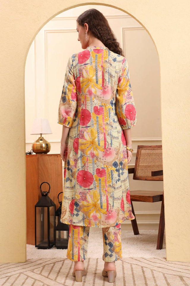 Yellow Floral Printed Linen Straight Cut Suit Set