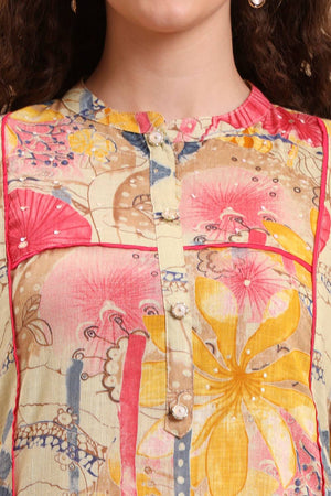 Yellow Floral Printed Linen Straight Cut Suit Set