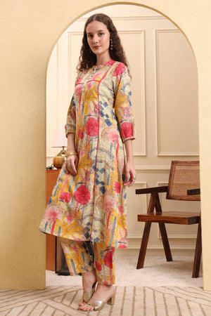 Yellow Floral Printed Linen Straight Cut Suit Set