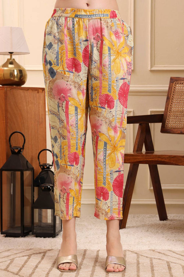 Yellow Floral Printed Linen Straight Cut Suit Set