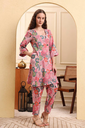 Multi Color Floral Printed Cotton Straight Cut Suit Set