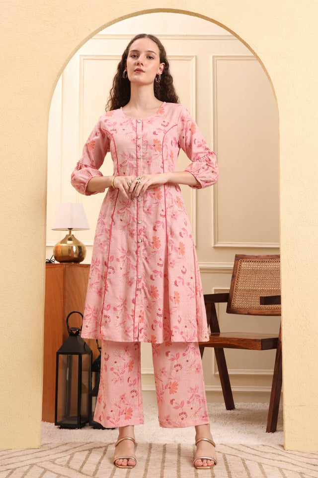 Pink Floral Printed Linen Straight Cut Suit Set
