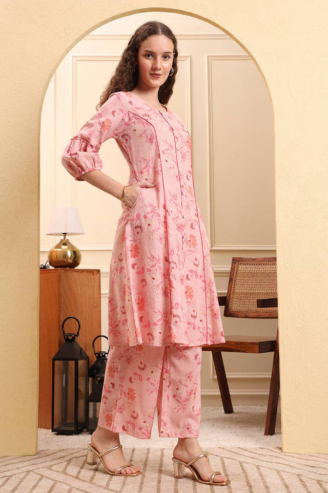 Pink Floral Printed Linen Straight Cut Suit Set
